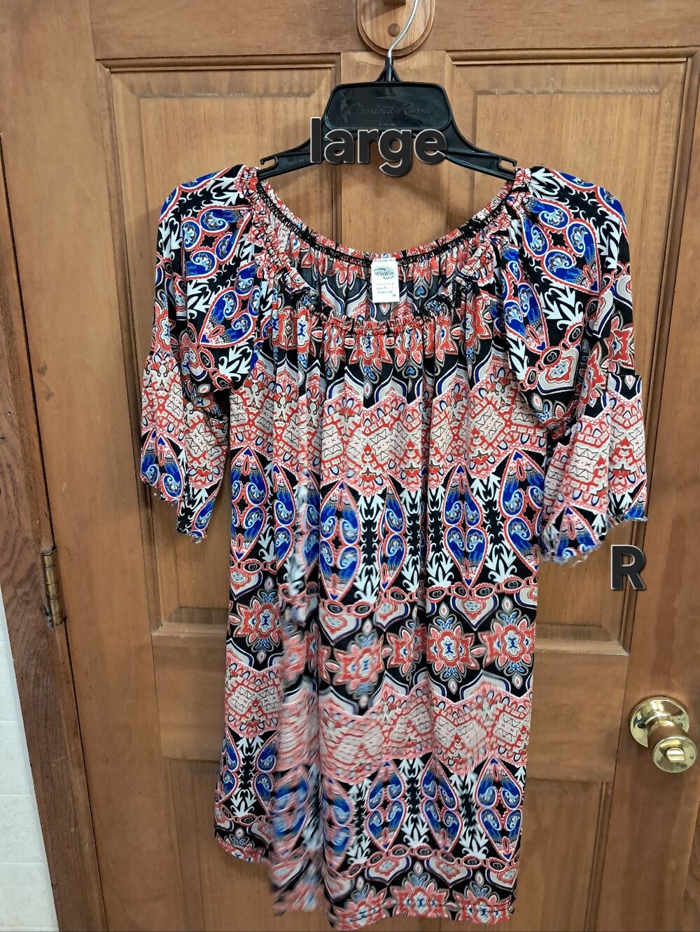 Women's Off-Shoulder Patterned Blouse in Coral, Blue & Black